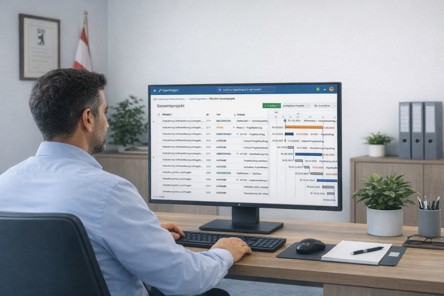 Business man sitting in front of a Desktop showing OpenProject Gantt view, with Berlin flag in the background