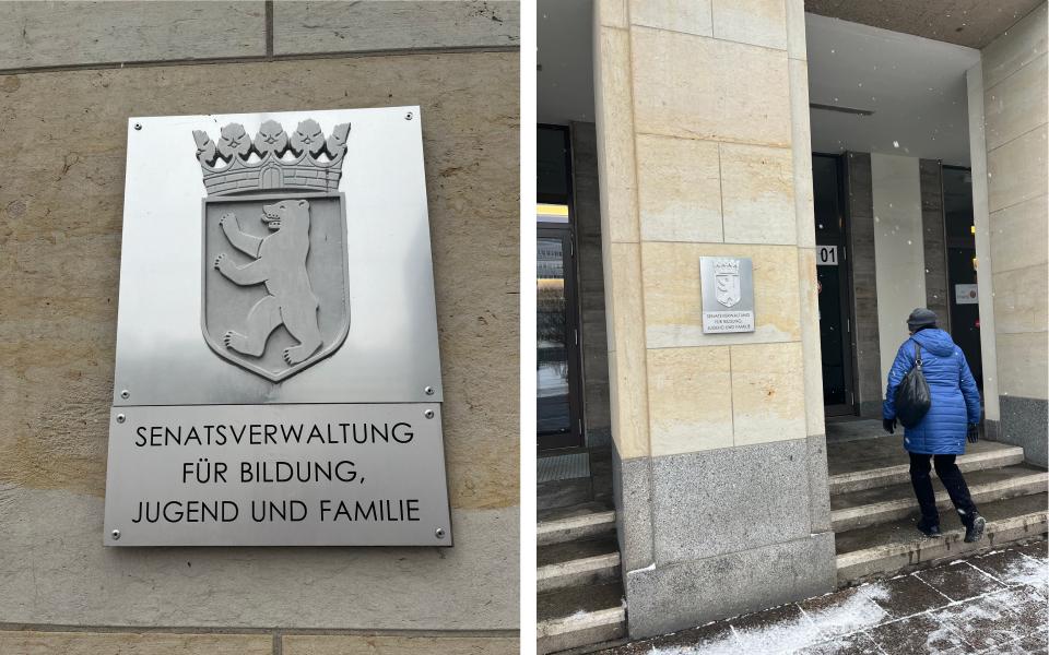 Left: Plaque on the building, inscription “Senate Department for Education, Youth, and Family Affairs”; Right: Woman entering the building