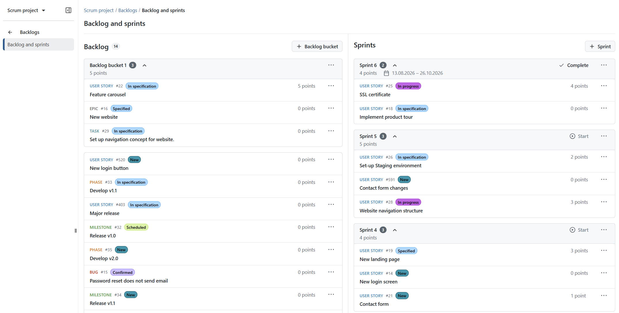 OpenProject Backlogs-Ansicht