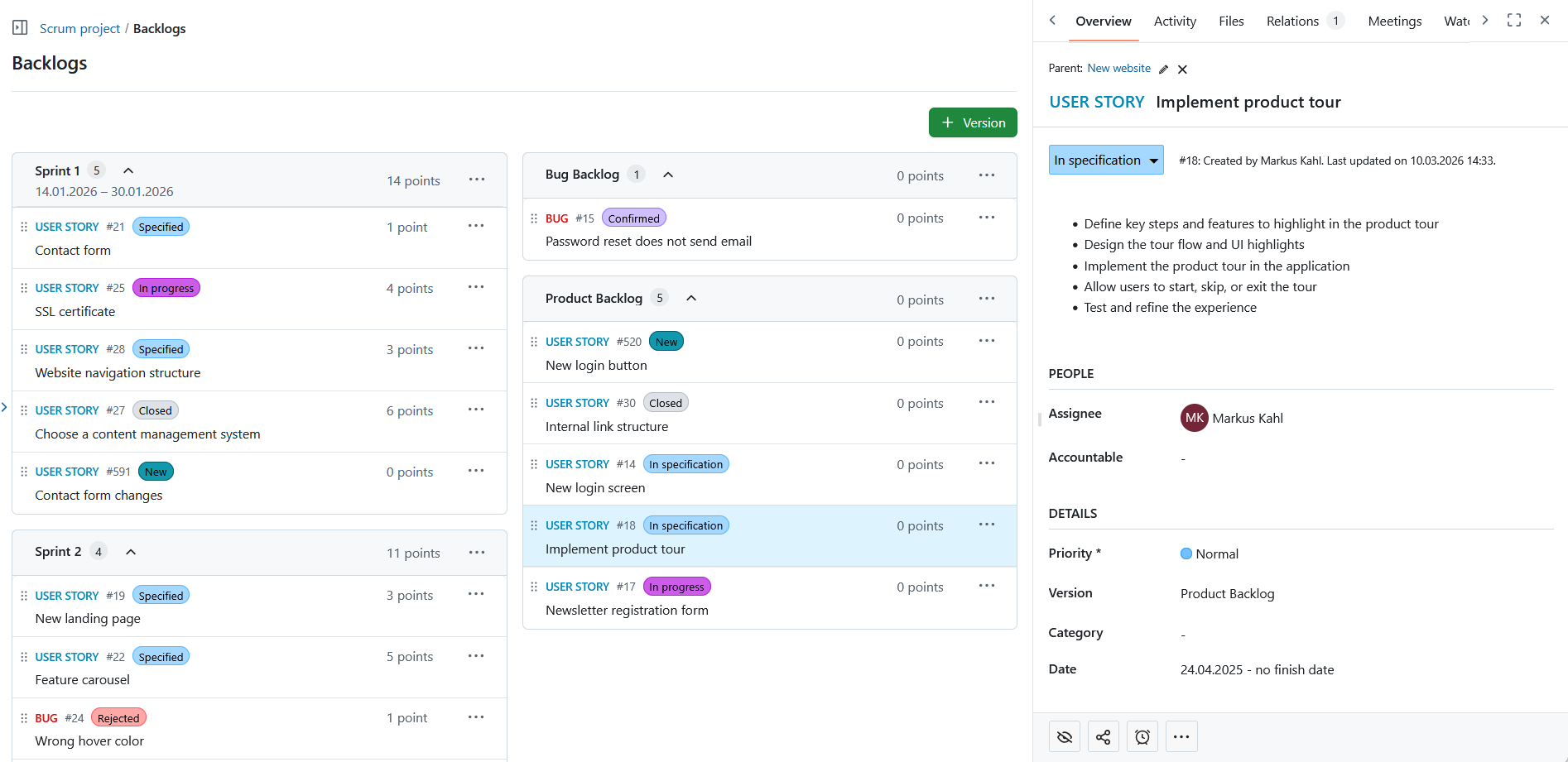 OpenProject Backlogs-Ansicht
