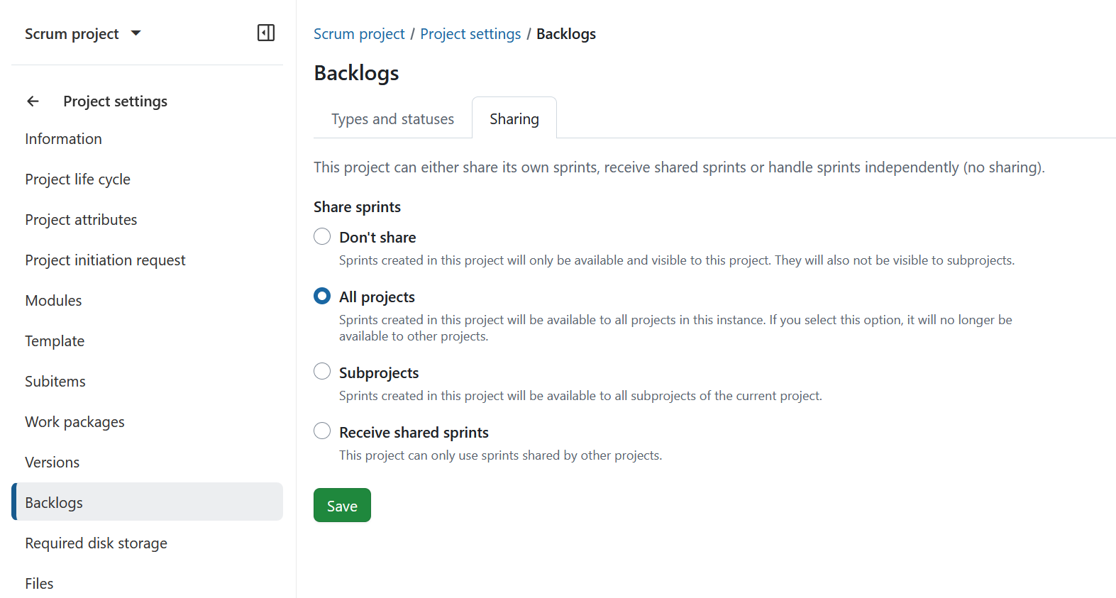 Definições de partilha de sprints do OpenProject
