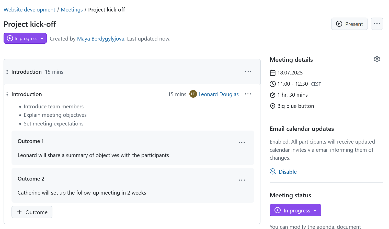 Añada múltiples resultados de puntos del orden del día directamente a los puntos del orden del día en las reuniones de OpenProject