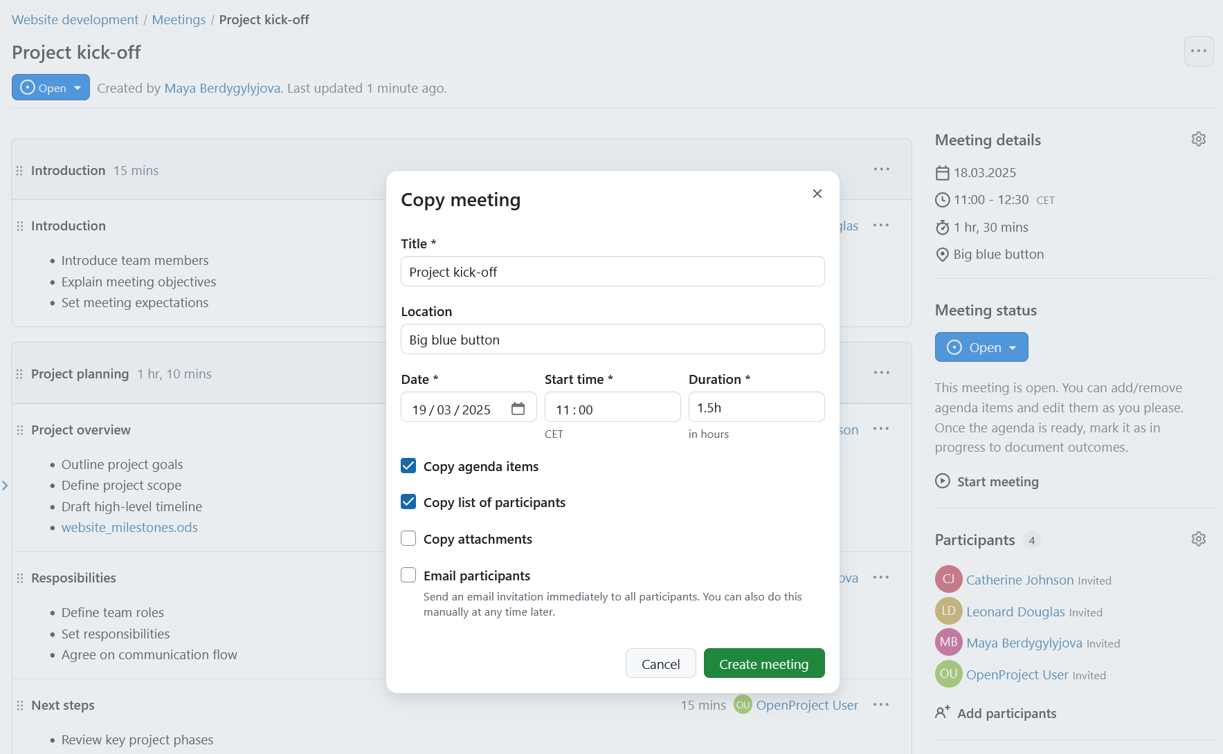 Interface para duplicar uma reunião com detalhes editáveis no OpenProject