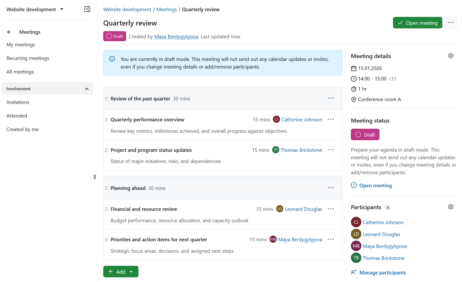 Modo Borrador en una reunión en OpenProject