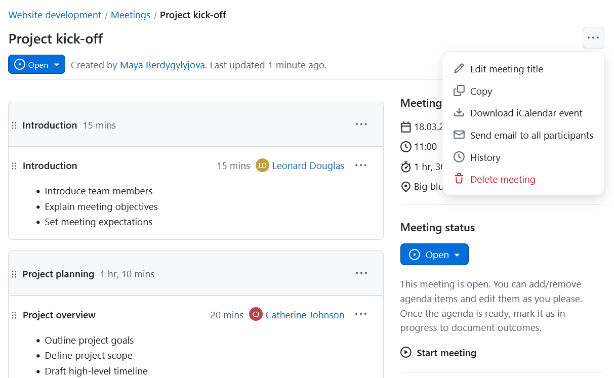 Send email to meeting participants in OpenProject