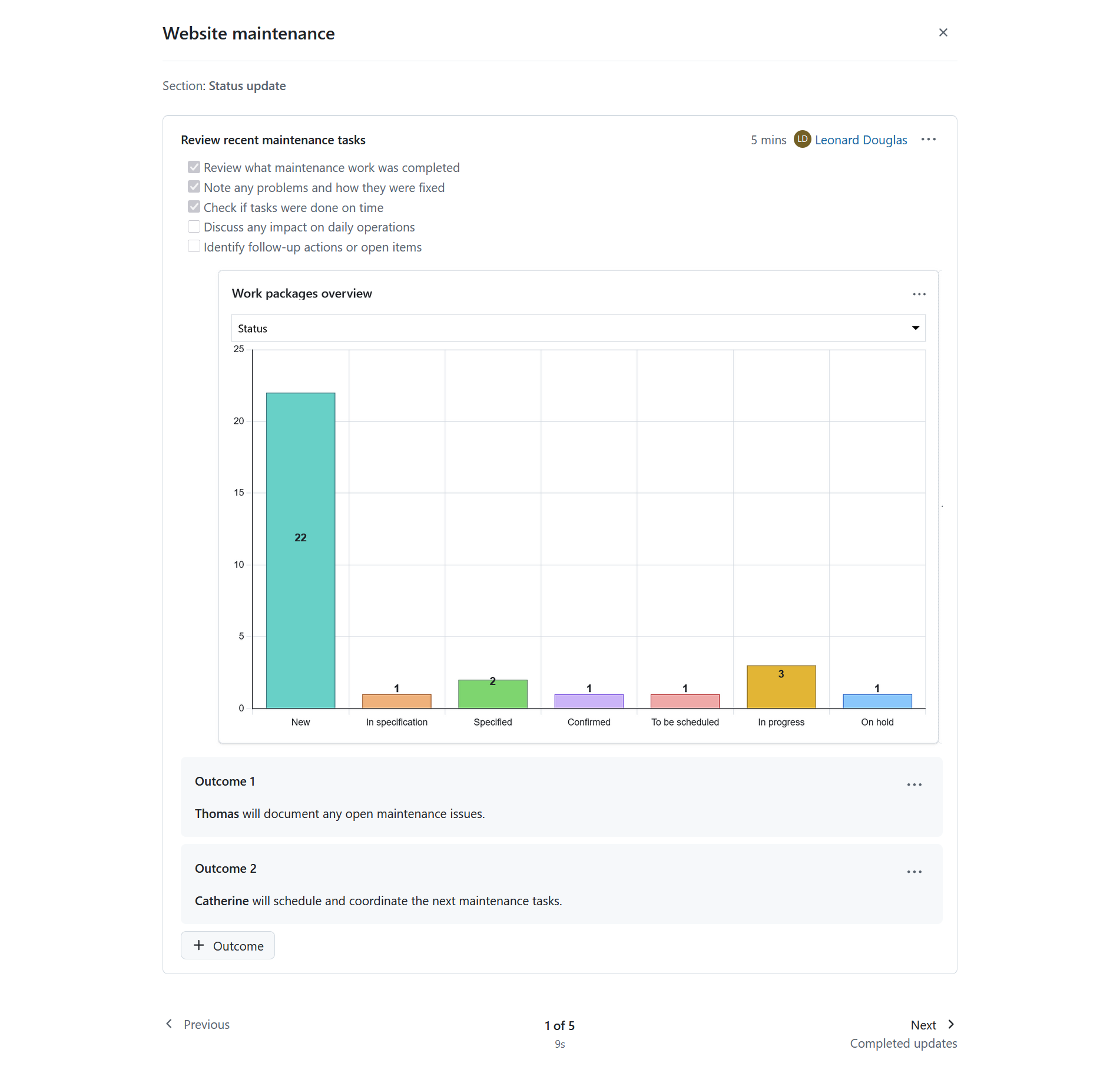 Reunión de OpenProject en modo de presentación, mostrando uno de los puntos del orden del día y los resultados relacionados.