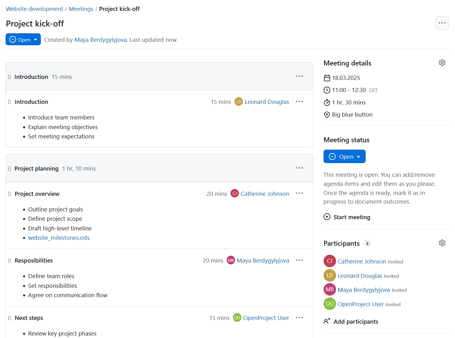 Assign presenters to each agenda item in OpenProject