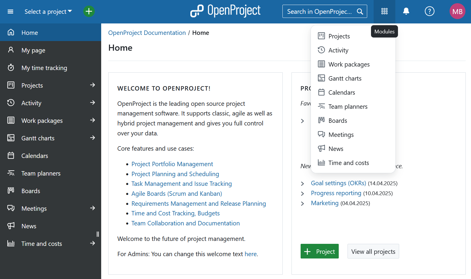 Global modules overview in OpenProject