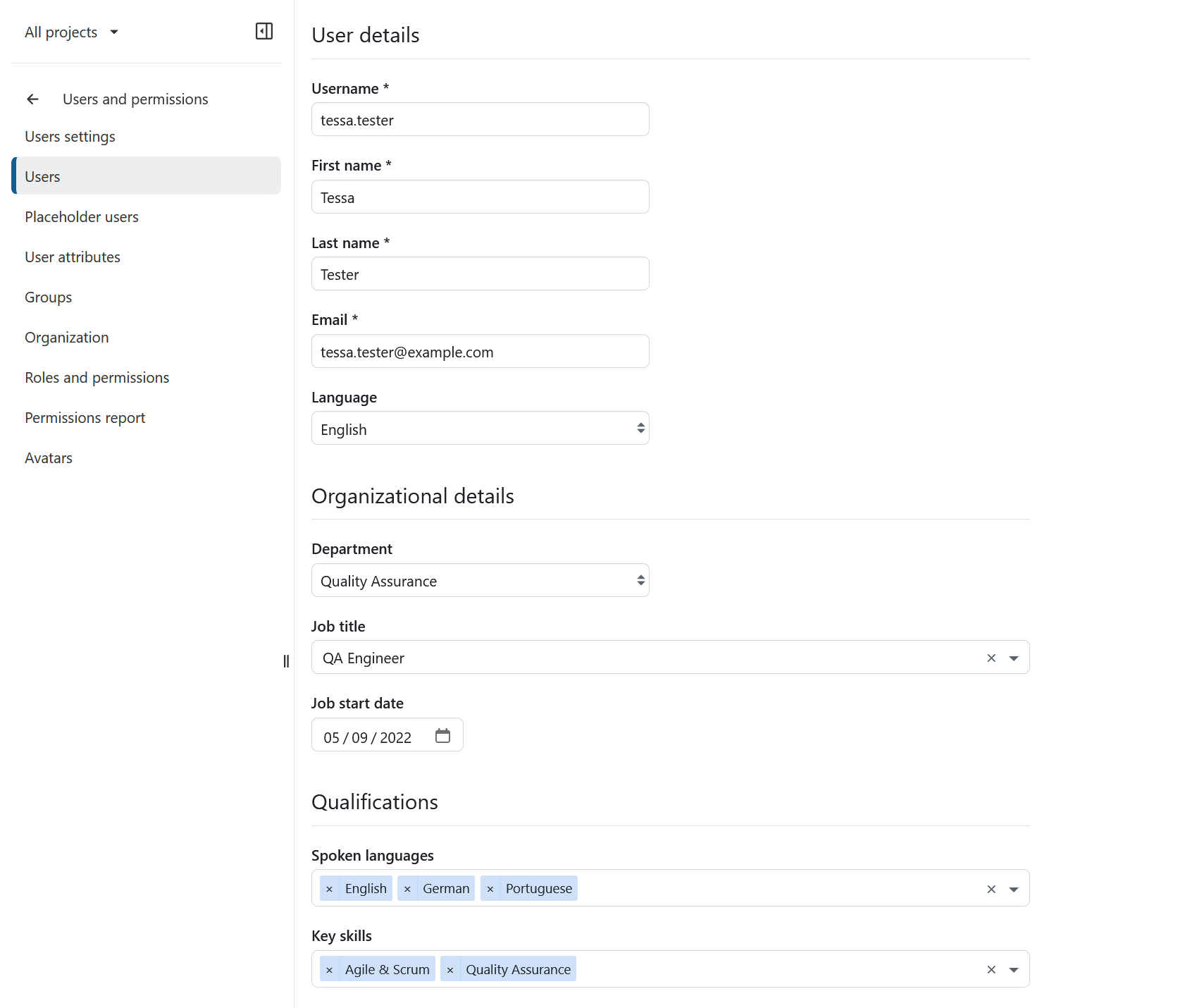 User profile of an example user, showing user attributes
