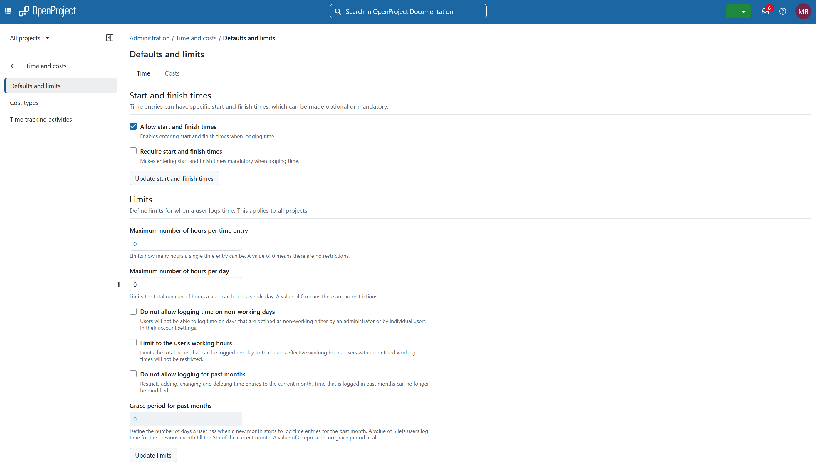 Paramètres de suivi du temps dans OpenProject