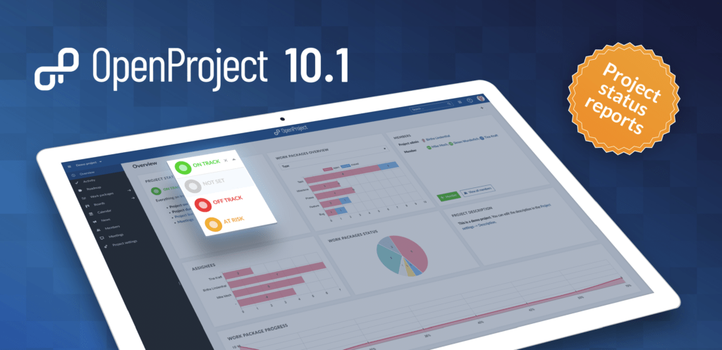 OpenProject 10.1 with project status reporting in a project overview dashboard OpenProject 10.1 with project status reporting in a project overview dashboard