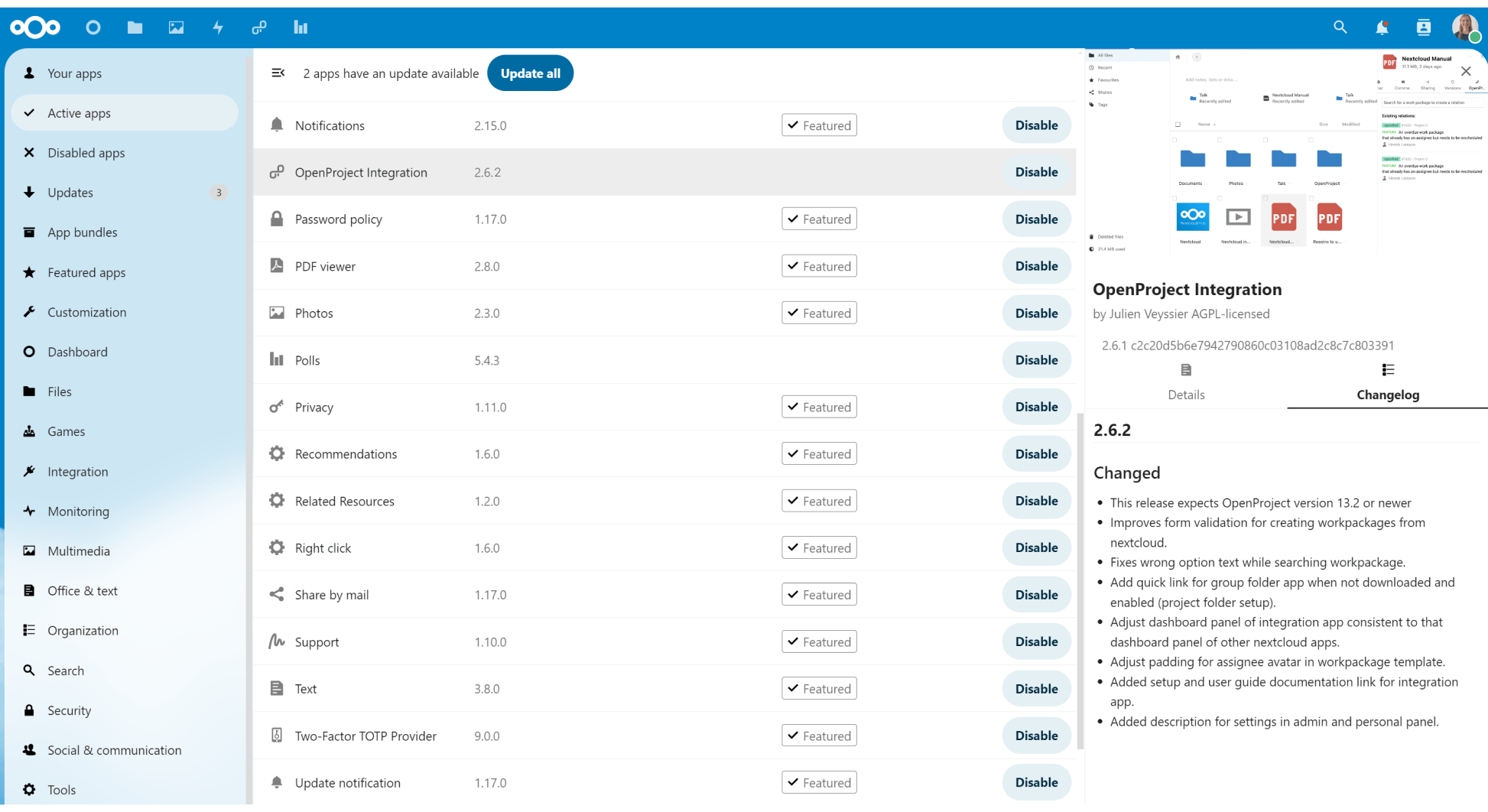 OpenProject integration app for Nextcloud released in version 2.6.2 OpenProject integration app for Nextcloud released in version 2.6.2