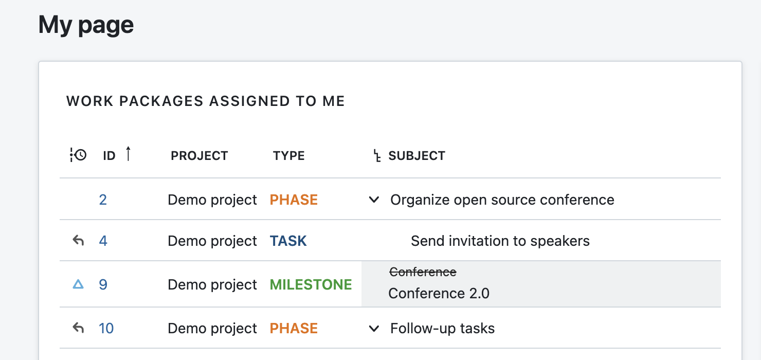 The My page with a work package table widget where Baseline is configured