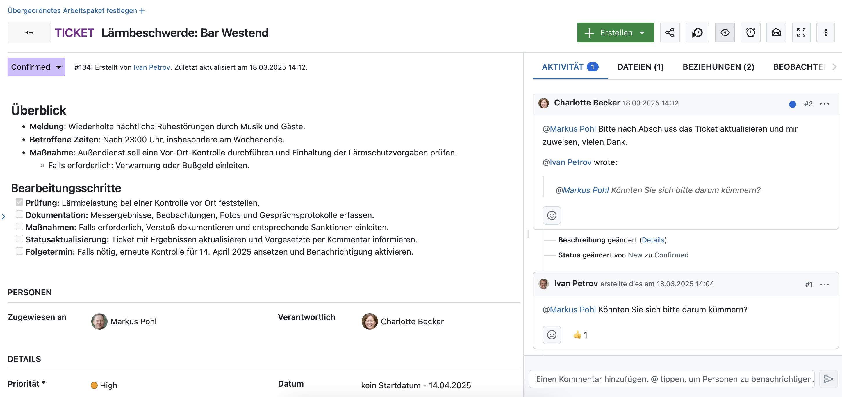 A work package in OpenProject, type ticket, named ‘Lärmbeschwerde: Bar Westend’, with discussions in the Activity tab, priority high and a set end date.