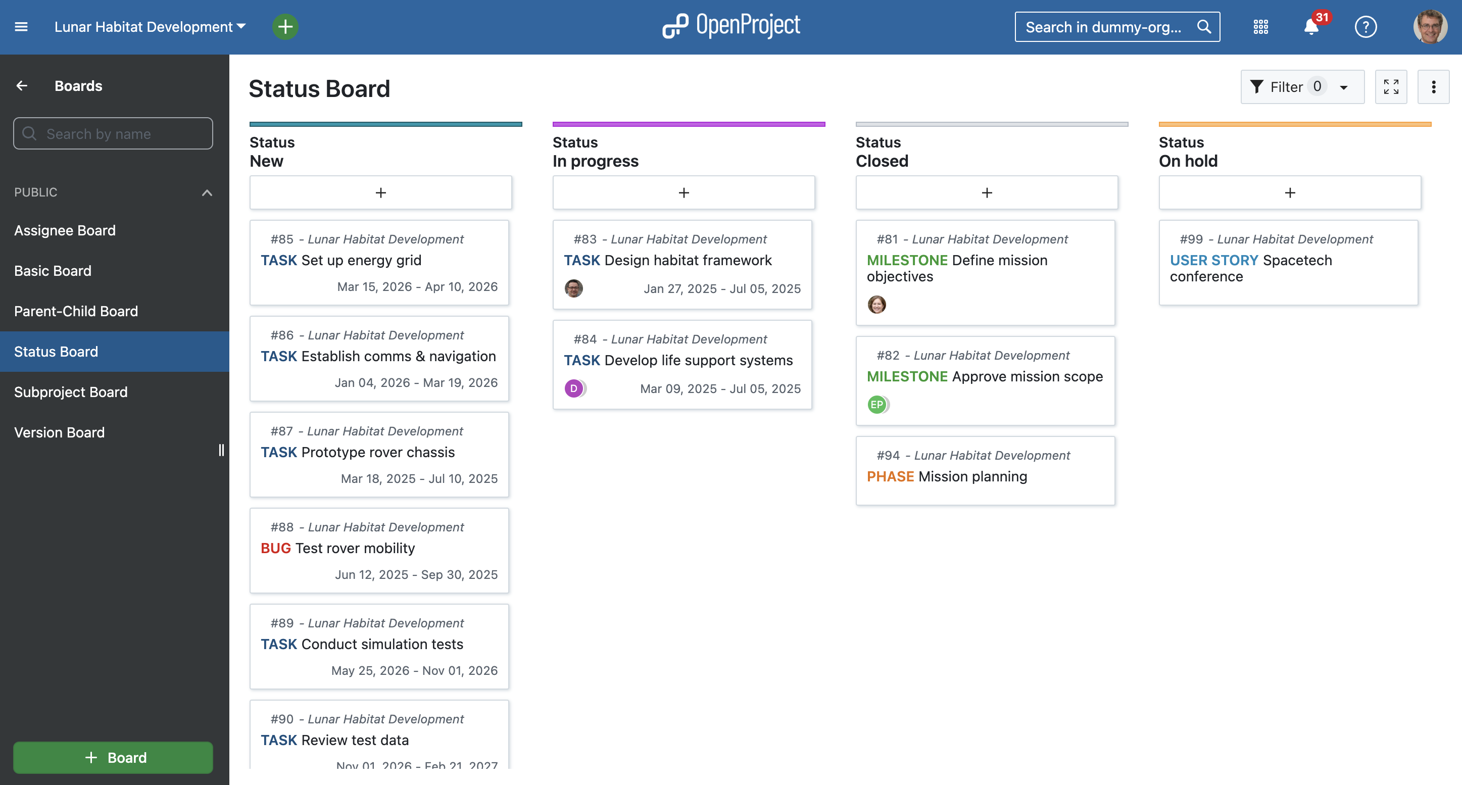 OpenProject agile kanban board
