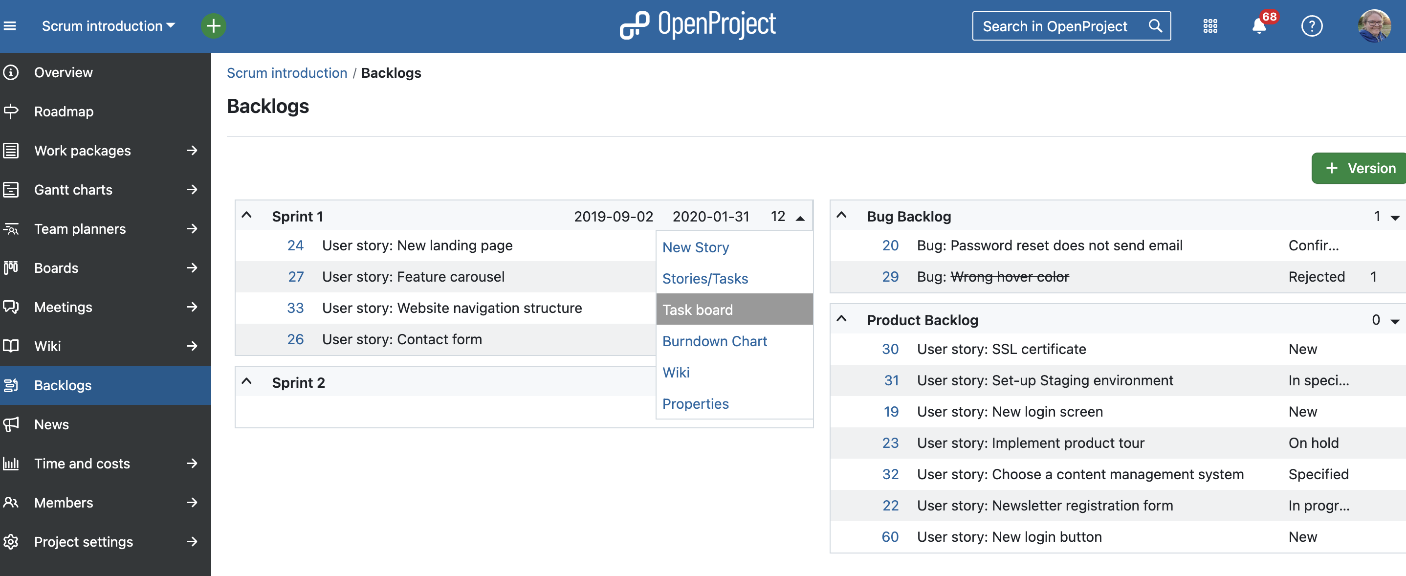 Product backlog