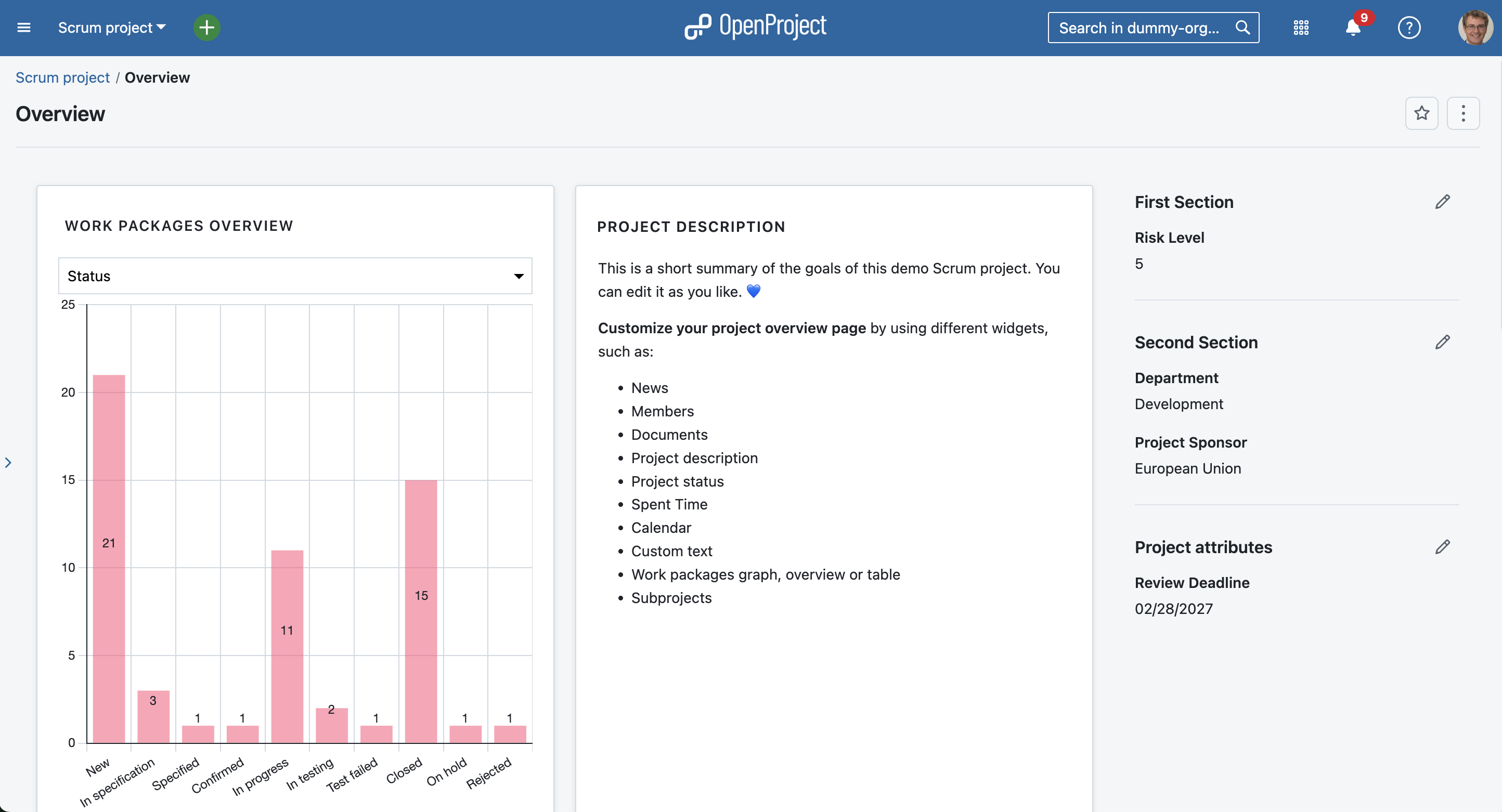 Página de resumen de OpenProject, que funciona como panel de control del proyecto