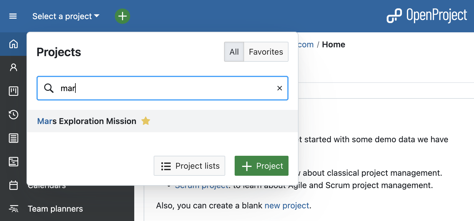 Search for a project in OpenProject