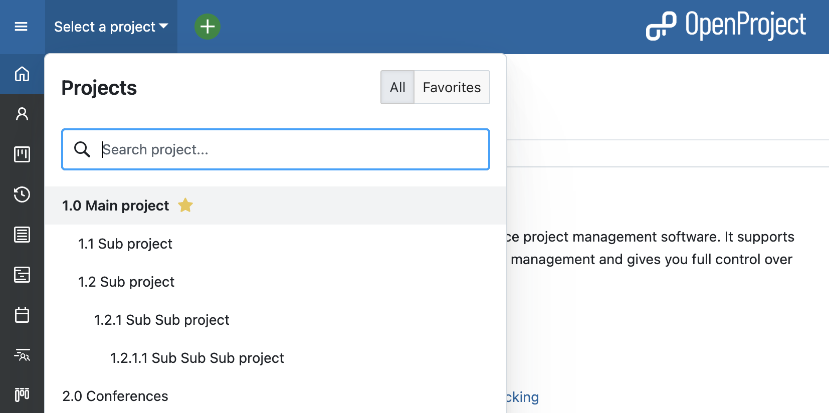 OpenProject screenshot: create subprojects in the dropdown menu