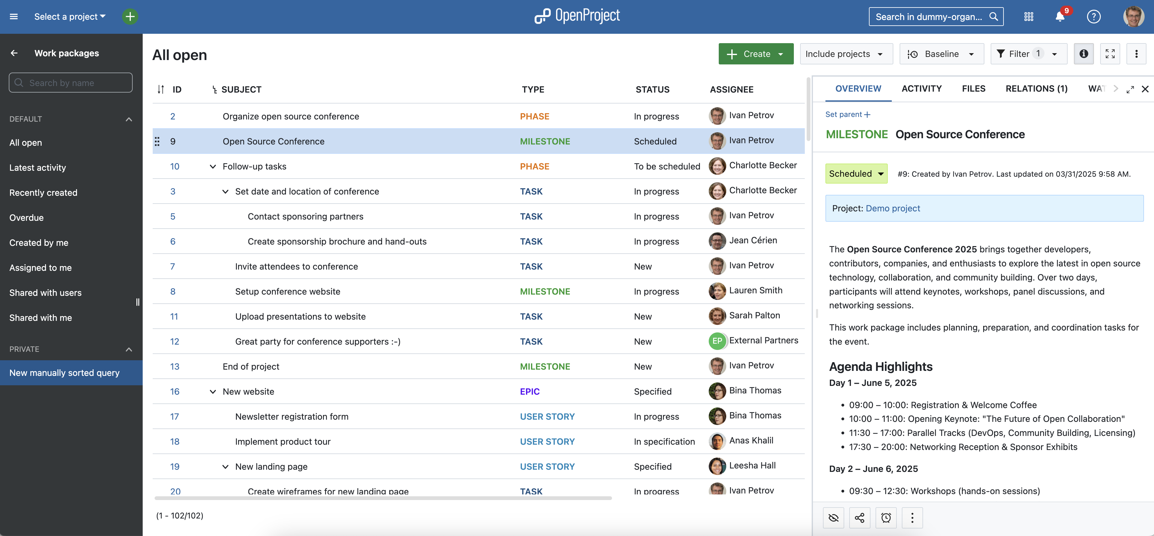 OpenProject work packages table view