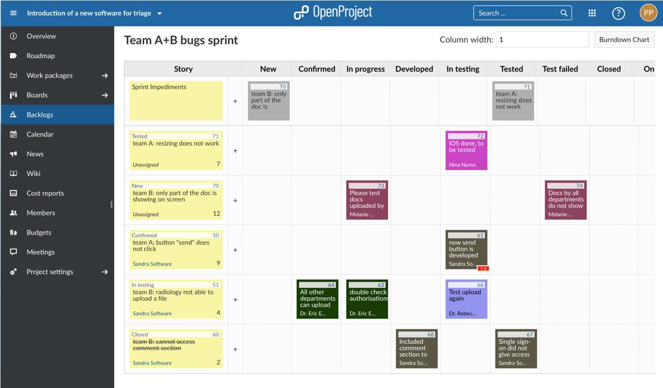 OpenProject task board for backlogs in scrum projects