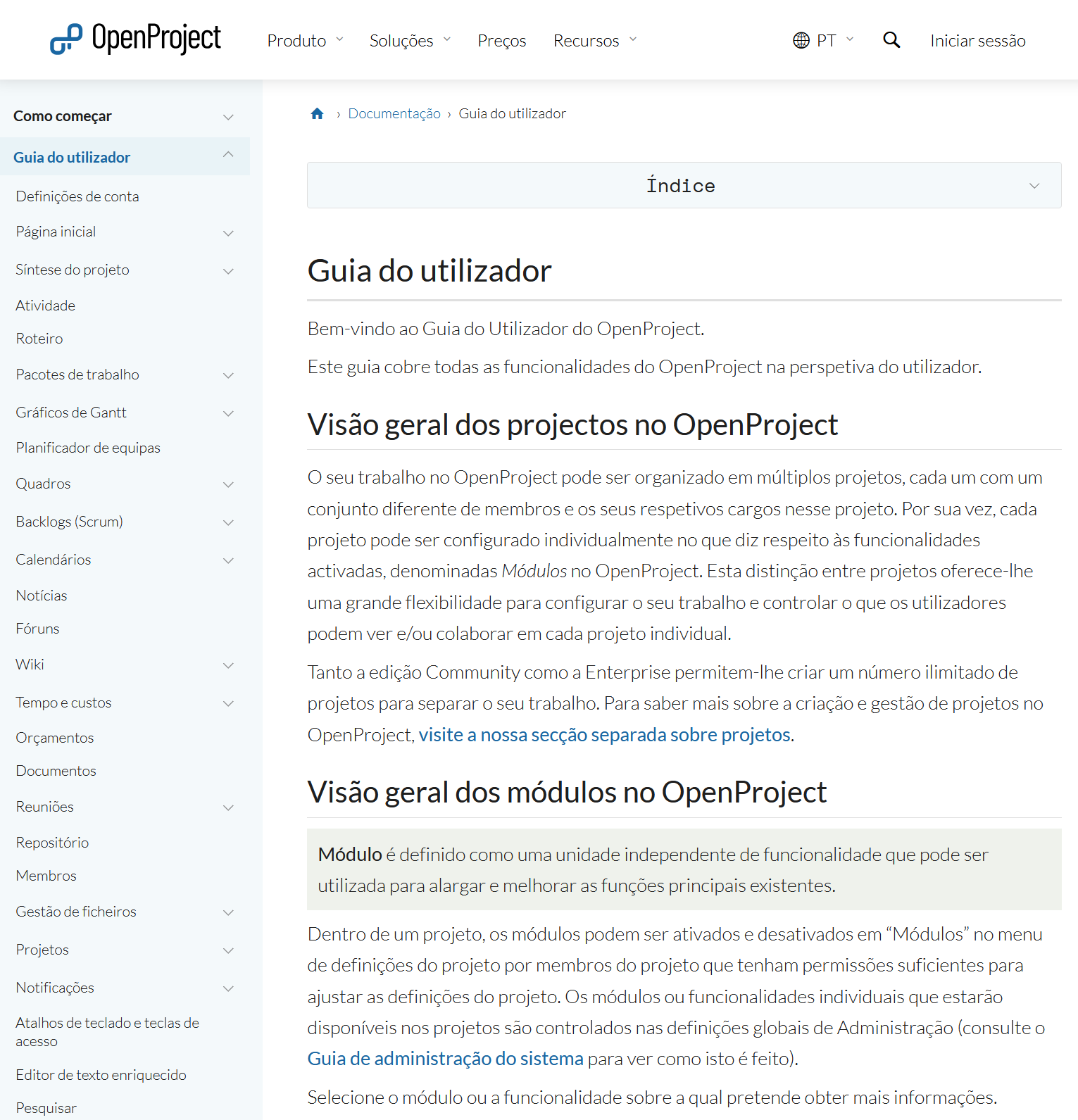 Screenshot of OpenProject user guide in Portuguese