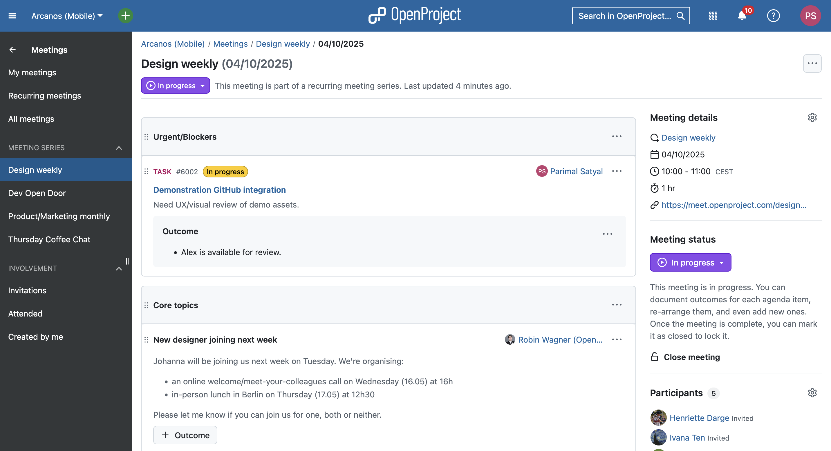 An example meeting in progress with work packages, sections, meeting notes and outcomes