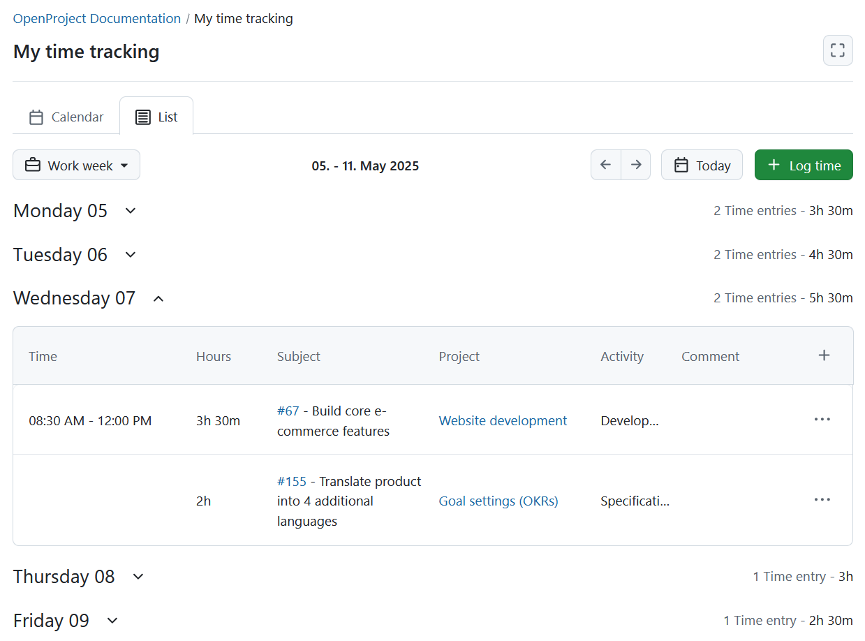 Le module Mon suivi du temps d’OpenProject dans la vue en liste