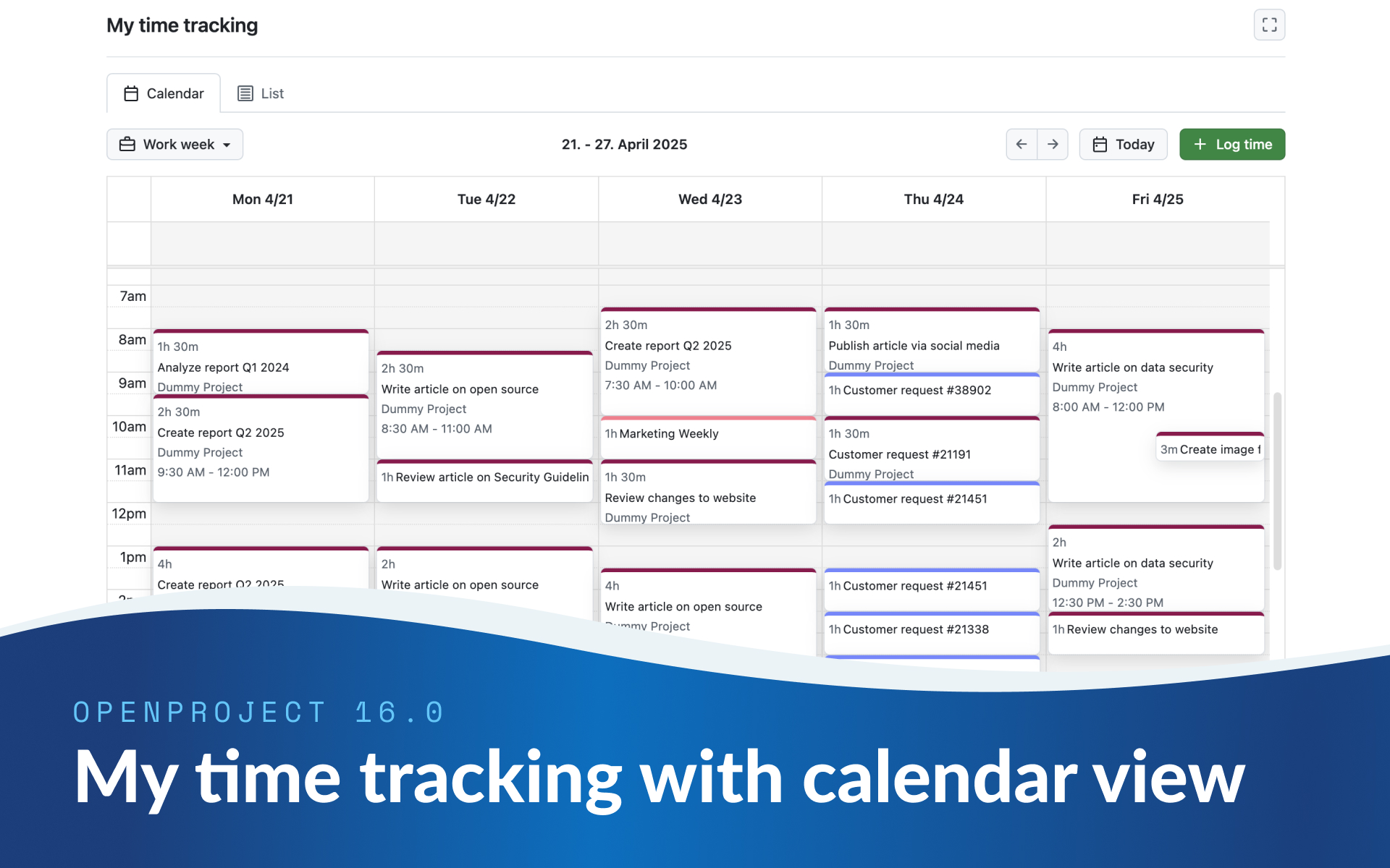 Módulo do OpenProject "O meu controlo de tempo" na vista de calendário Módulo do OpenProject "O meu controlo de tempo" na vista de calendário