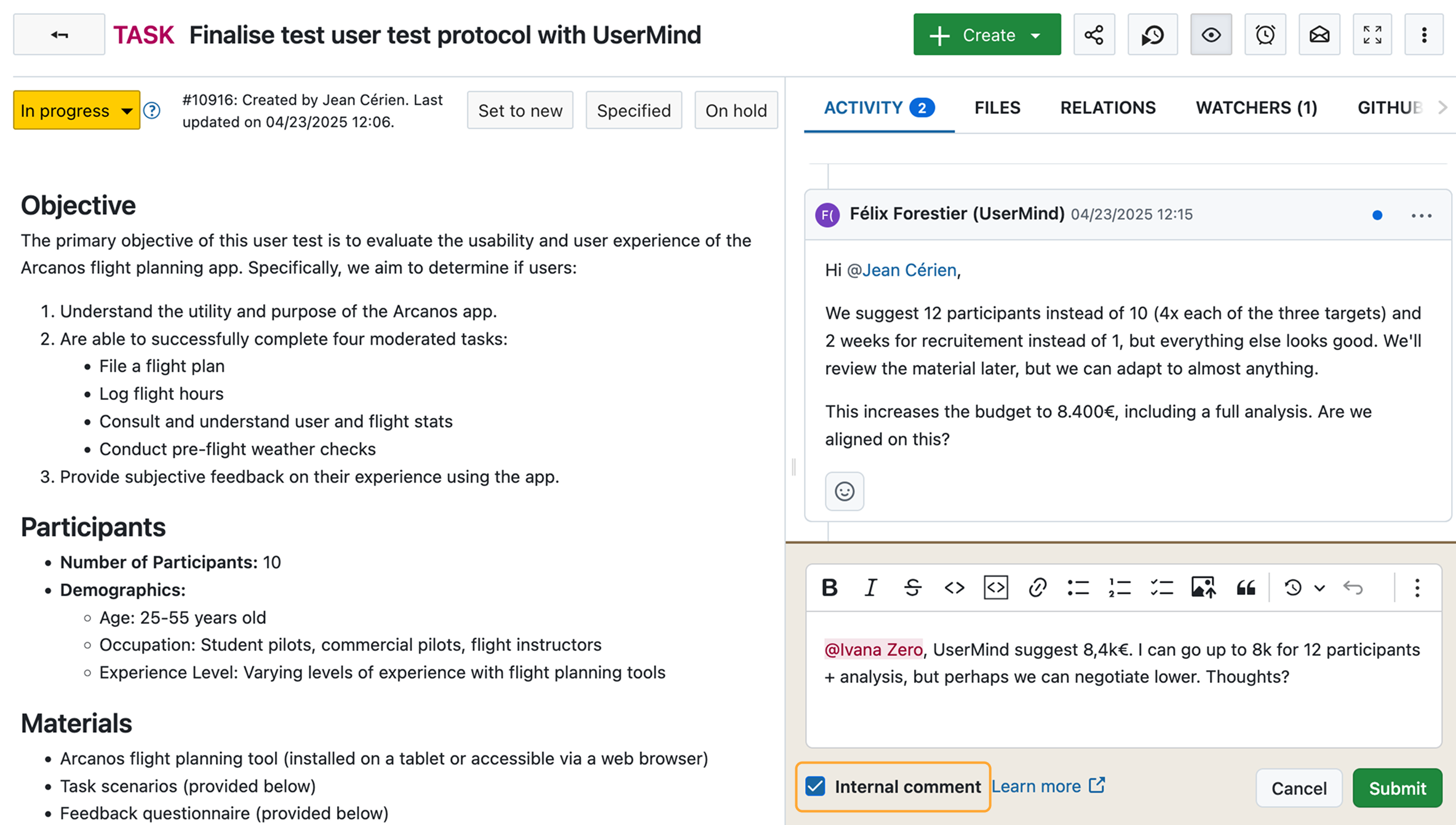 Paquete de trabajo de OpenProject con la pestaña Actividad abierta y un comentario interno con un color de fondo diferente