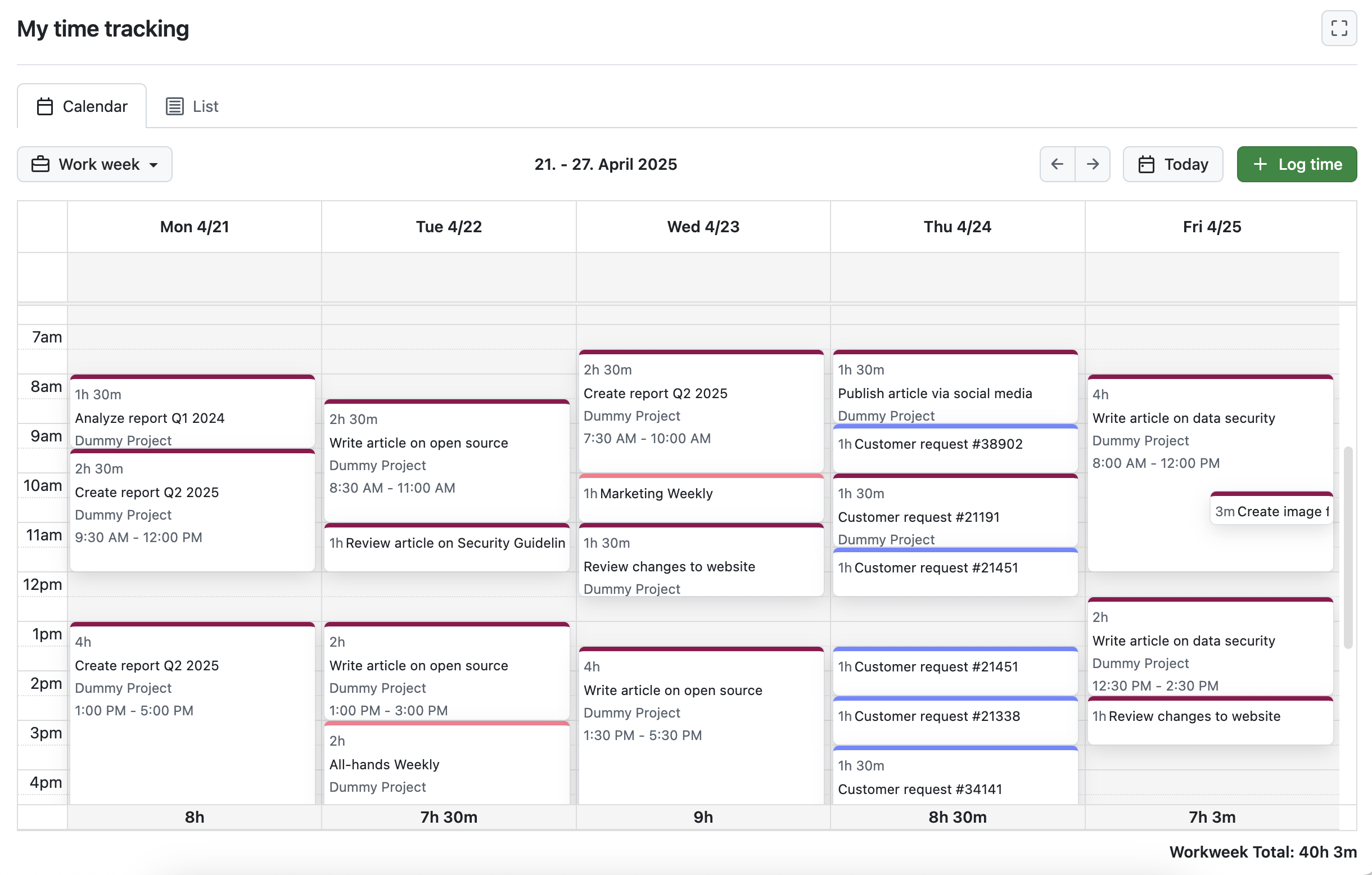 Módulo de seguimiento del tiempo de OpenProject «Mi seguimiento del tiempo» en una vista de semana laboral del calendario