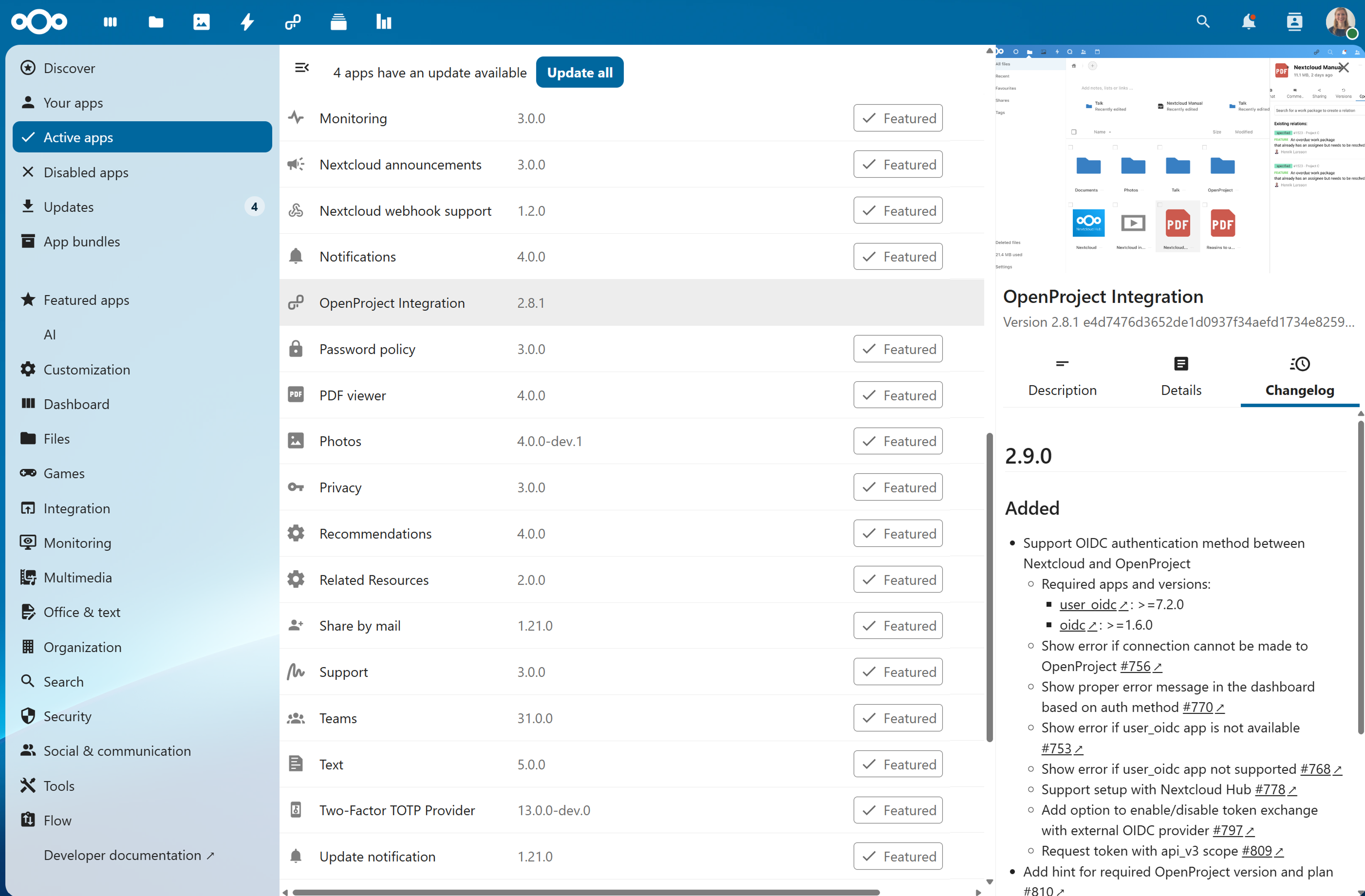 OpenProject integration app for Nextcloud released in version 2.9.0