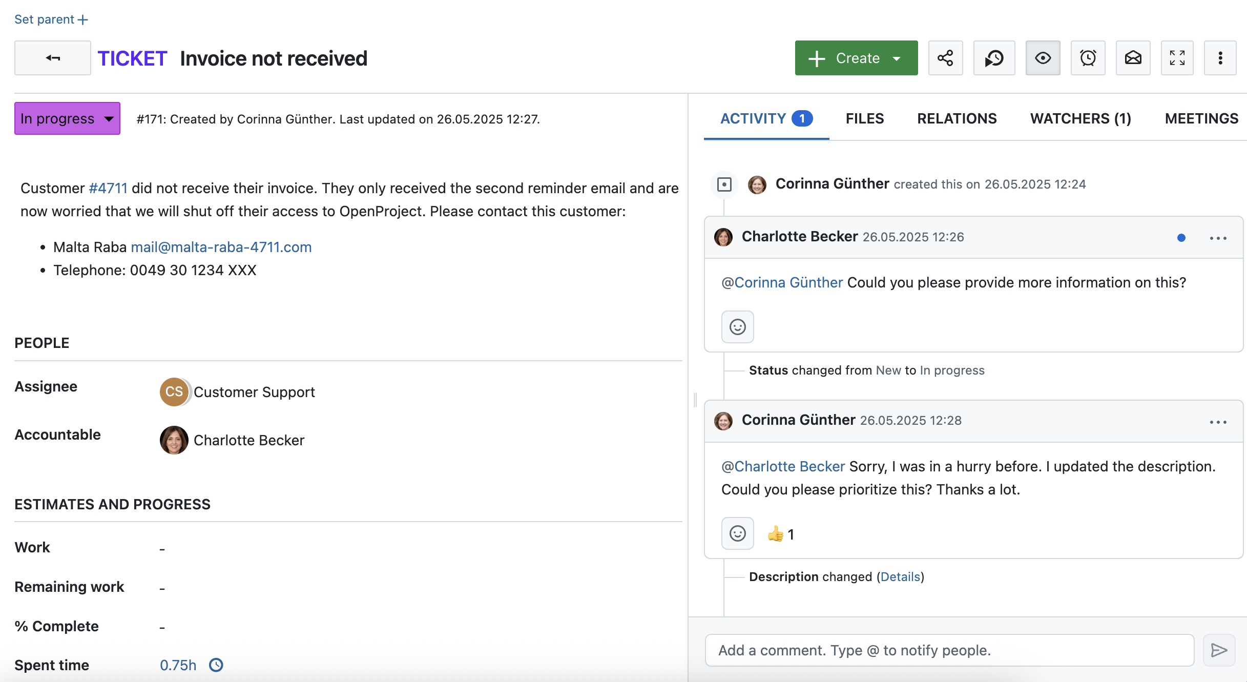 vista detalhada do pacote de trabalho com comentários de dois membros da equipa