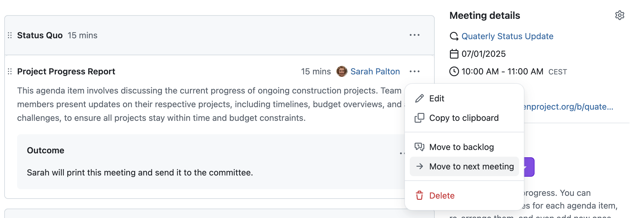 Detailansicht einer OpenProject-Besprechung mit Dropdown-Menü für einen Tagesordnungspunkt