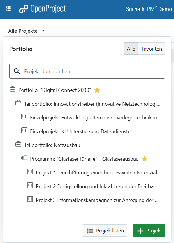 Captura de pantalla: Menú desplegable «Proyectos favoritos» que muestra una lista jerárquica de carteras, subcarteras, programas y proyectos.