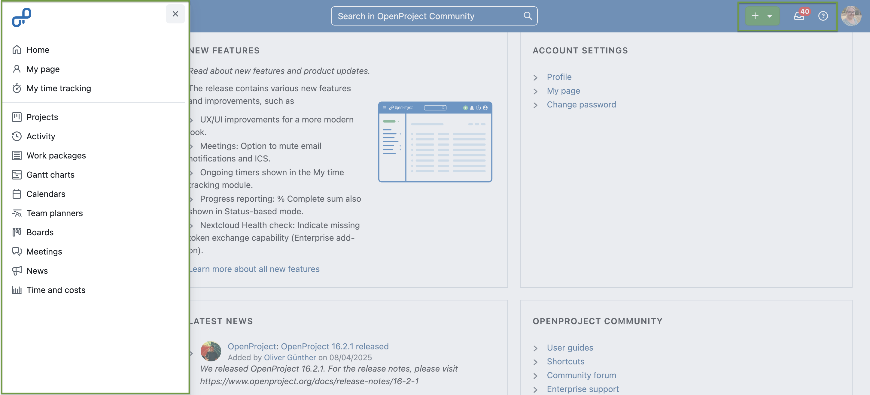 Screenshot showing the home page of OpenProject Community, with highlighted grid menu dropdown and redesigned icons on the right side of the header