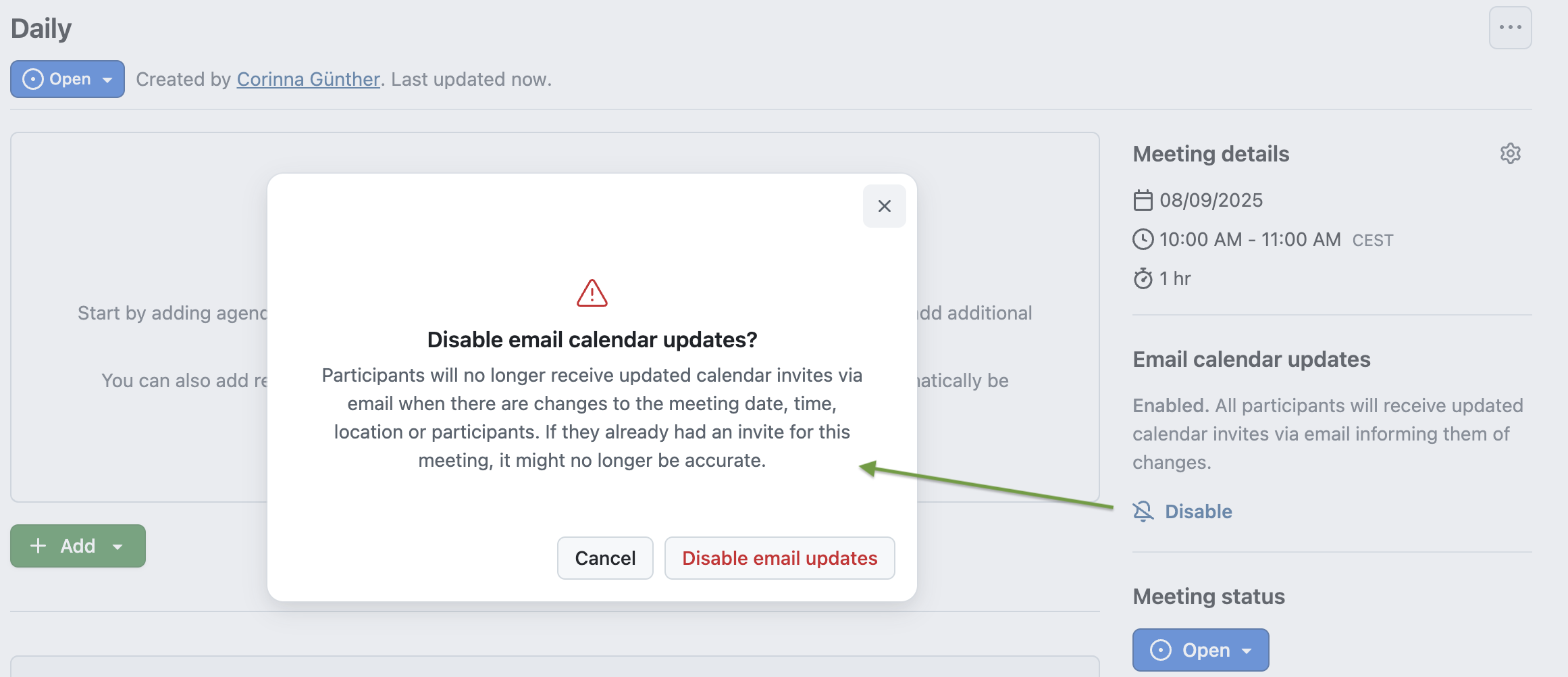 Screenshot showing OpenProject meeting template with overlay to disable email notifications