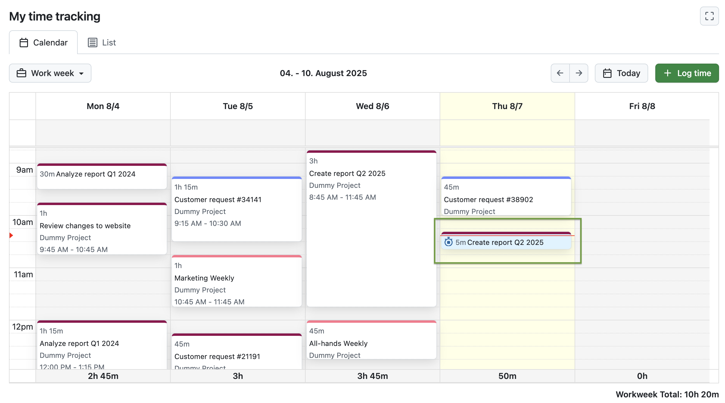 Screenshot showing OpenProject’s My time tracking module in calendar view with a highlighted time entry on ‘today’ that is running for 5 minutes, displayed with a timer icon