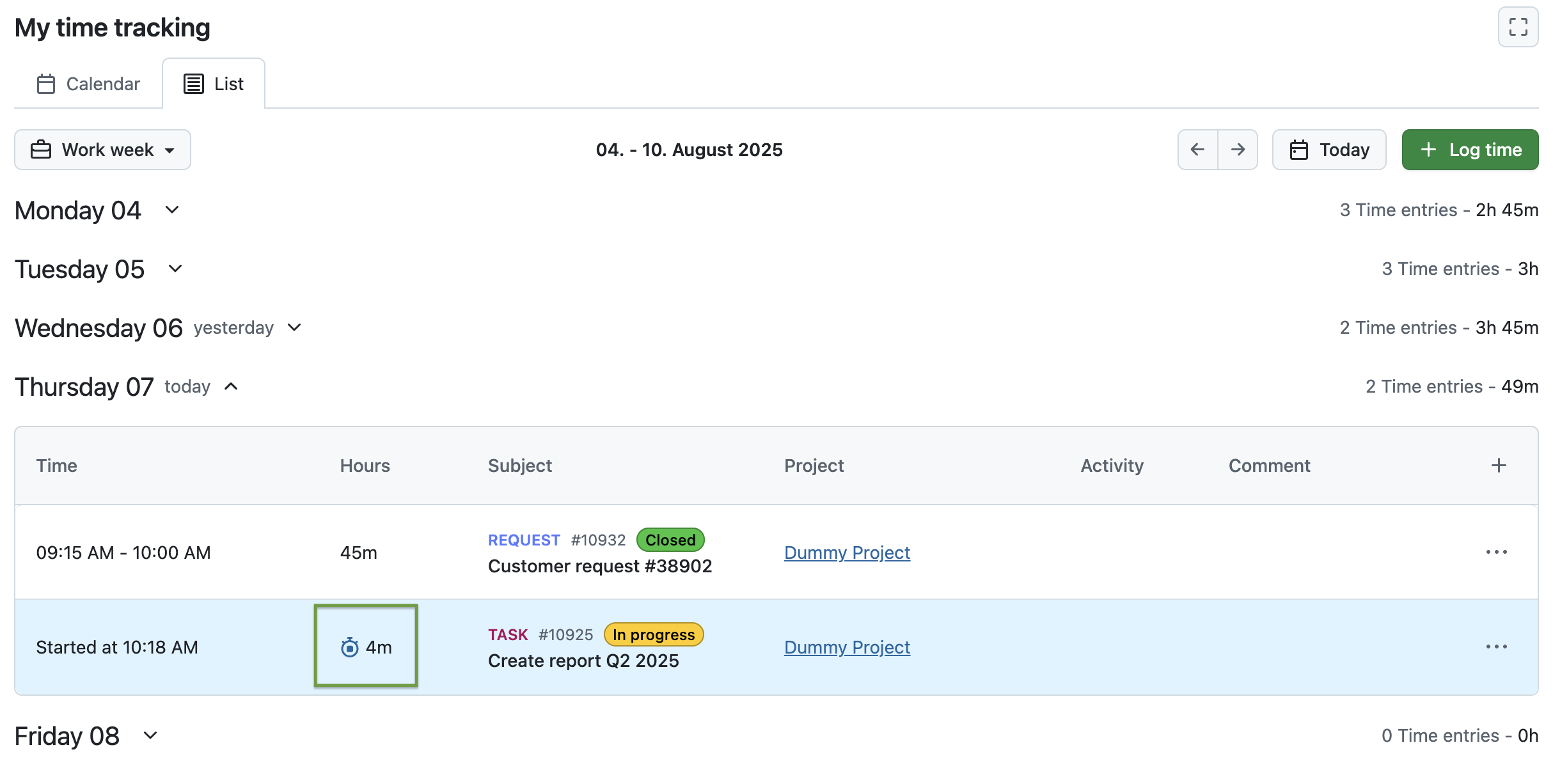 Screenshot showing OpenProject’s My time tracking module in list view with a highlighted time entry on ‘today’ that is running for 5 minutes, displayed with a timer icon