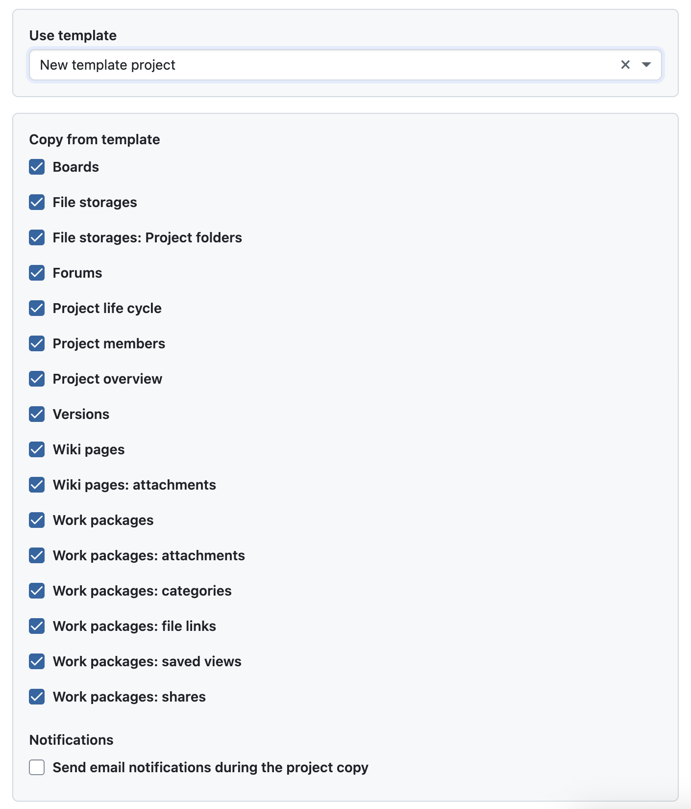 Mostrar opções para copiar módulos ao criar um novo projeto com base num modelo