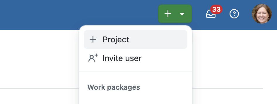 botão mais no cabeçalho para adicionar um novo projeto