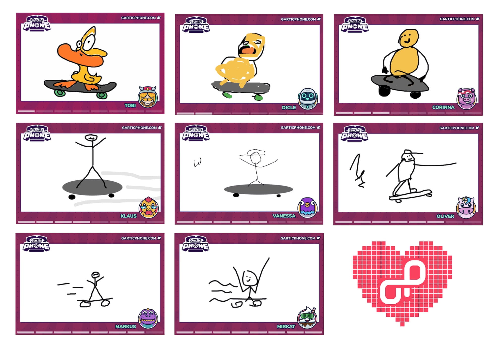 Outcomes of a game called Garticphone: One draws something, the next person has to re-draw it but with less time, and so on