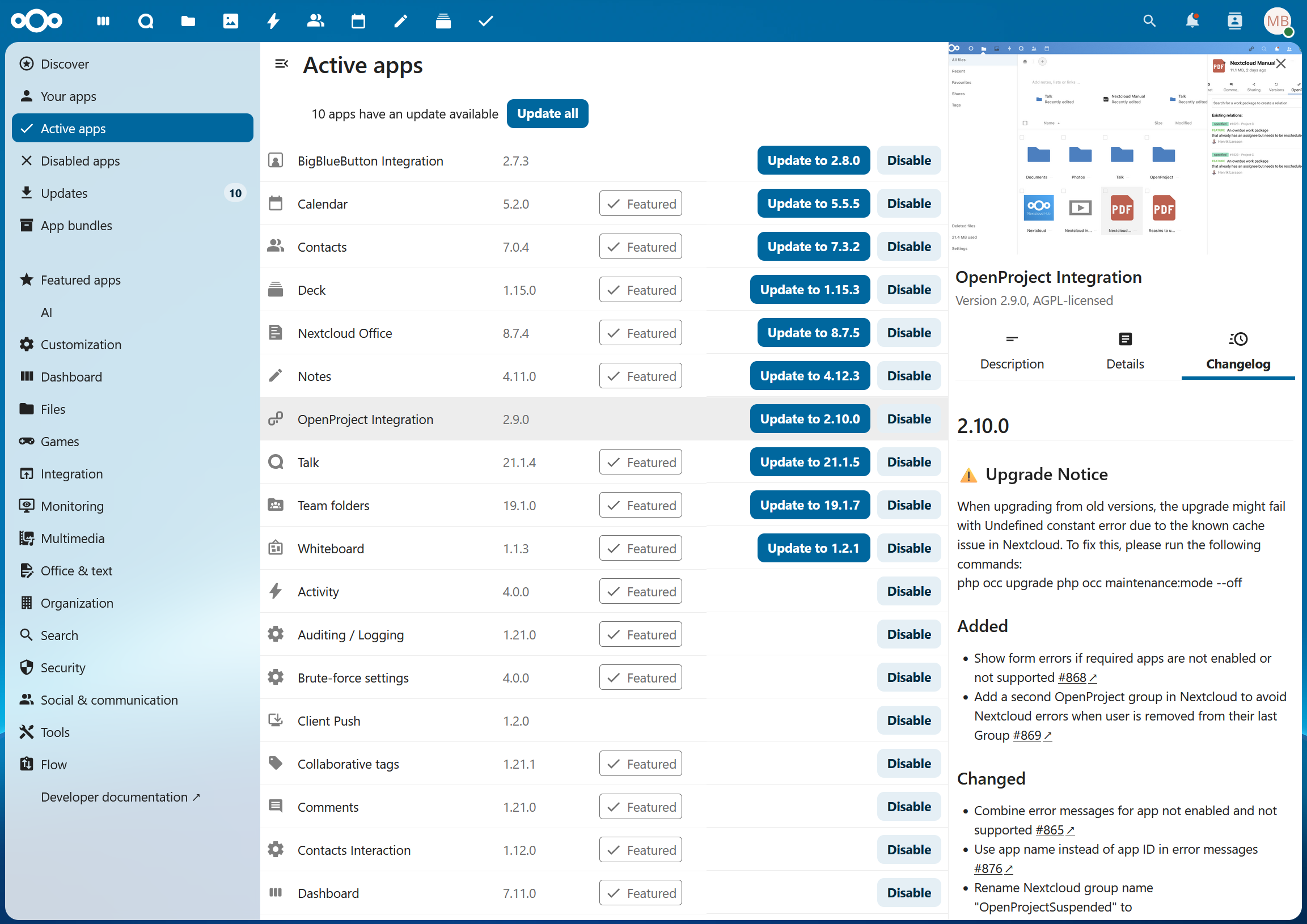 OpenProject Nextcloud integration app in version 2.10 OpenProject integration app released in version 2.10