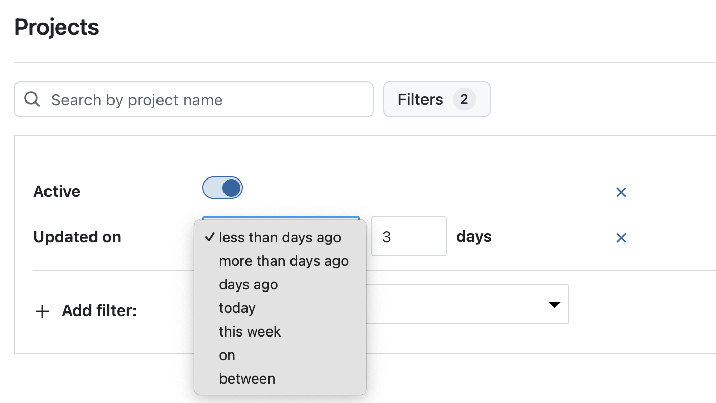 Liste de projets OpenProject, filtrée sur « Mis à jour le » avec la valeur « il y a moins de x jours » avec un « 3 » ajouté au nombre de jours