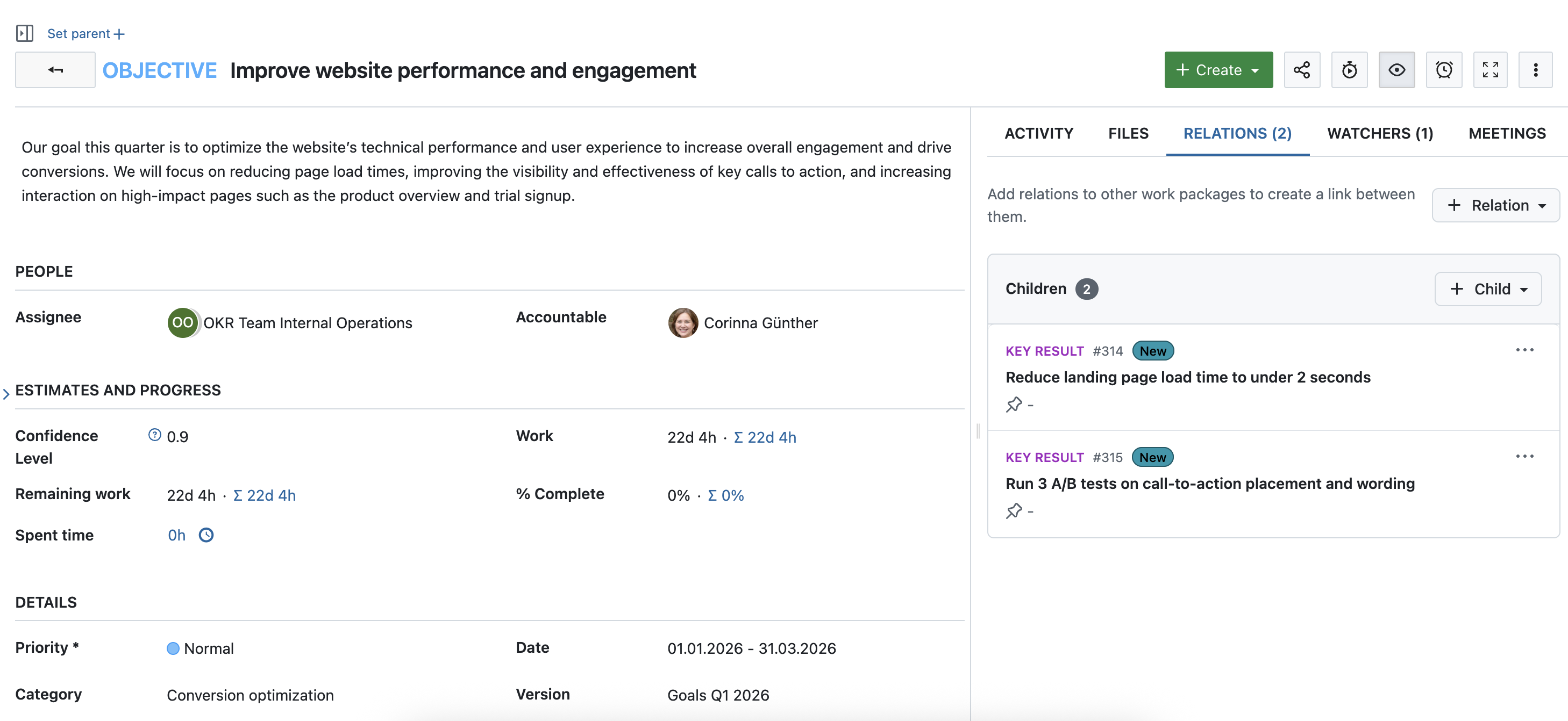OpenProject Arbeitspaket Typ Objective mit zwei Key Results als Unteraufgaben