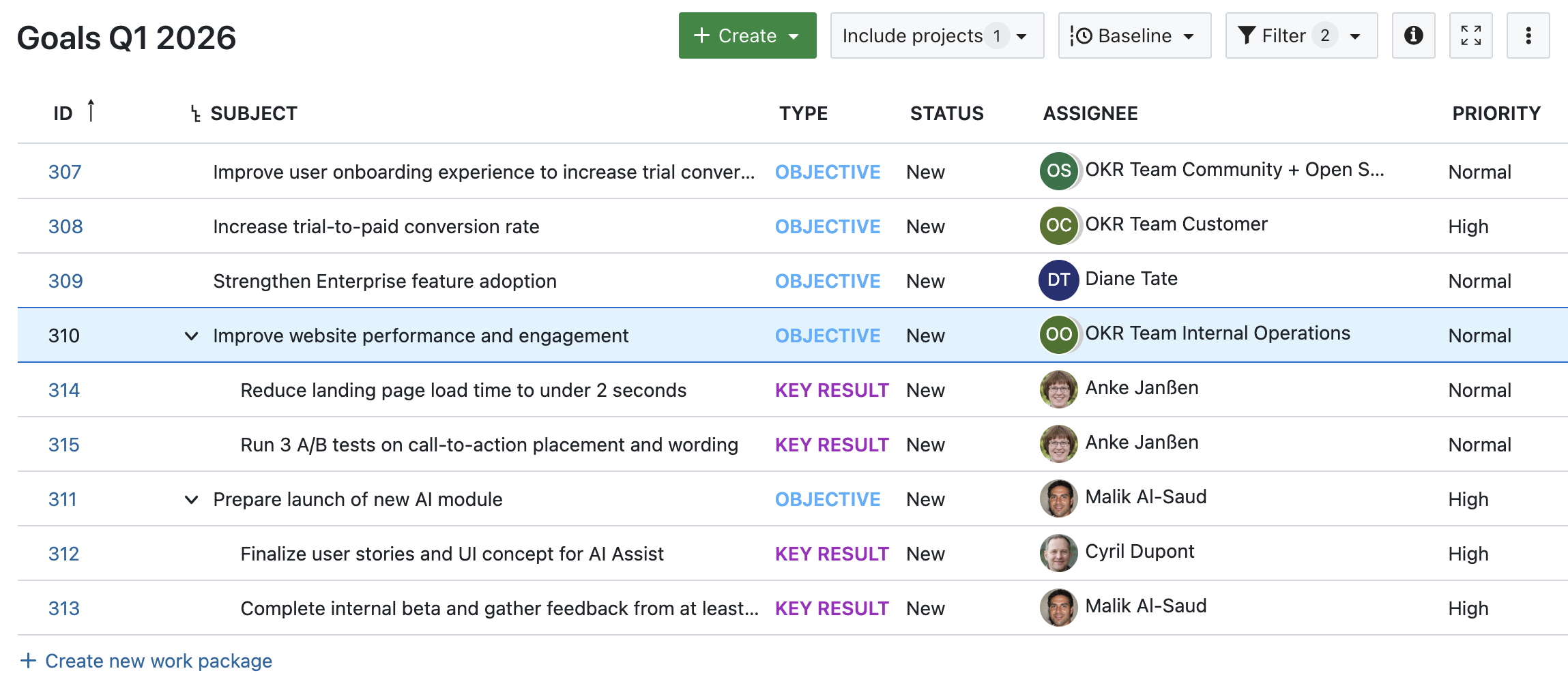 OpenProject Arbeitspaketliste für “Ziele Q1 2026”