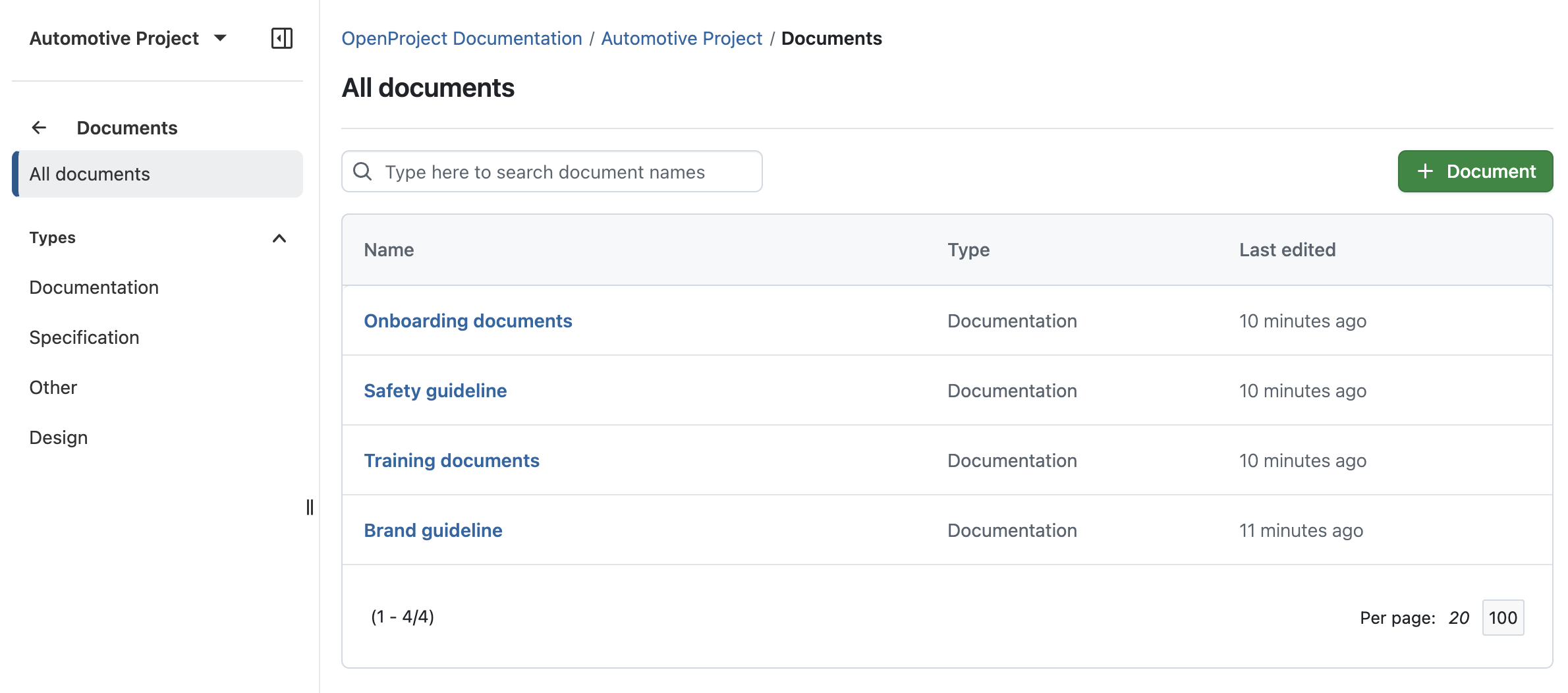 OpenProject 16.6: Redesigned index page for the Documents module, showing a table with clickable name, type and last edited.