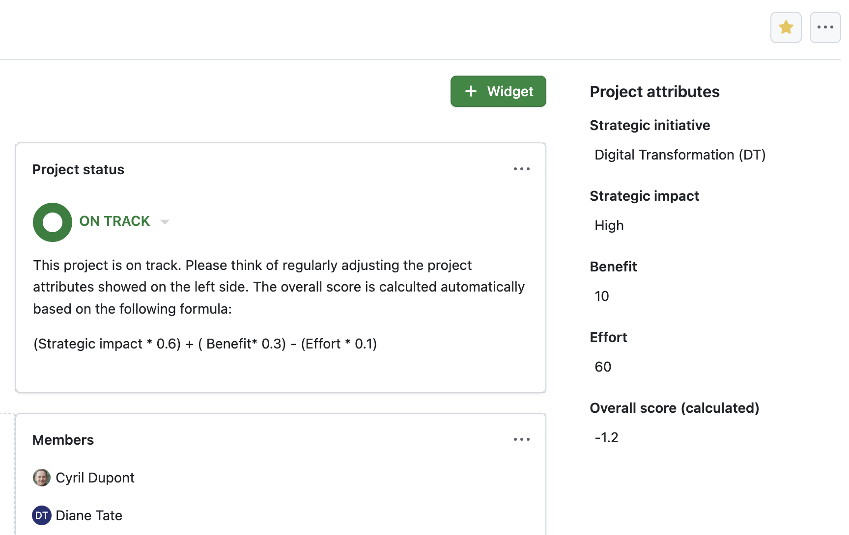 OpenProject 16.6: Project overview page showing three project attributes: Benefit=10, Effort=60, Overall Score (calculated) = automatically set to -1,2