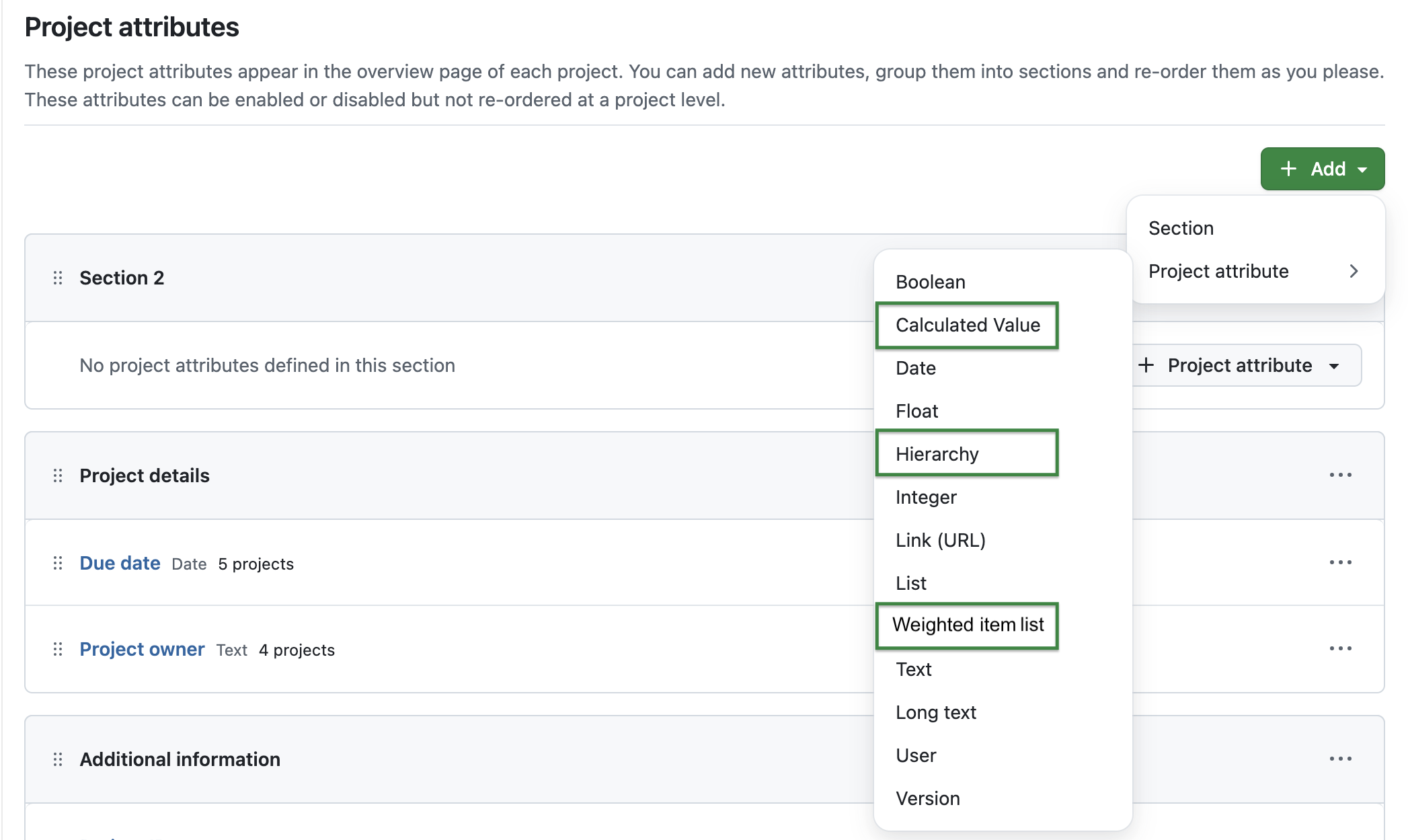 OpenProject administration with new types of project attributes: Calculated value, Hierarchy and Weighted item lists are highlighted.