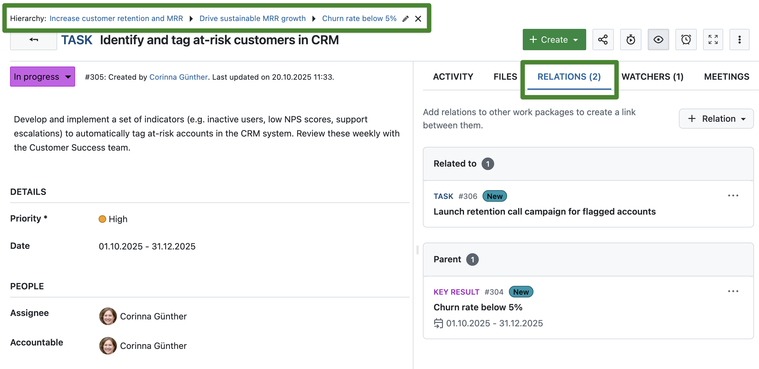 Hierarchy and relations in an OpenProject task used for OKR methodology